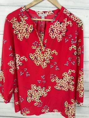 Eliane Rose Red Floral Split Neck Long Sleeve Blouse Size XL